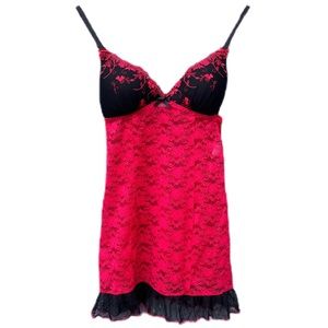 Vintage 90s Linea Donatella Red Black Floral Lace Lingerie Intimate Nightgown